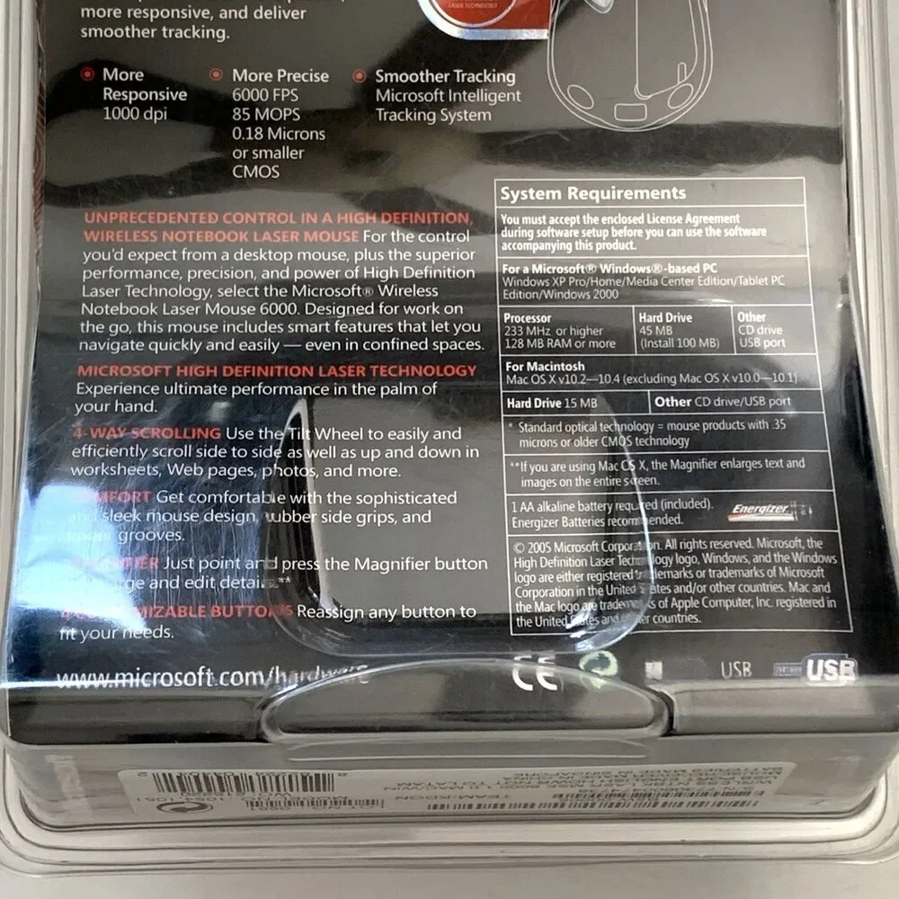 New Microsoft Wireless Notebook Laser Mouse 6000 Model 1054, 1051 (B5W-00006)